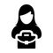 Employee icon vector female person profile avatar symbol with briefcase for business in flat color glyph pictogram