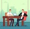 Employee man and interviewer boss meeting in office. Job interview and recruitment vector cartoon concept