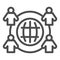 Employee outsourcing line icon. Business outsource, globe and four persons symbol, outline style pictogram on white