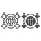 Employee outsourcing line and solid icon. Business outsource, globe and four persons symbol, outline style pictogram on