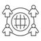 Employee outsourcing thin line icon. Business outsource, globe and four persons symbol, outline style pictogram on white