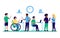Employee people with disabilities and inclusion work together in office. Disabled different people on wheelchair and