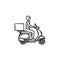 Employee riding delivery bike hand drawn outline doodle icon.