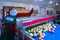 The employee sorts the fresh ripe apples on the sorting line. Pr