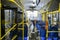 Employee of trolleybus park disinfects trolley cabin against the coronavirus COVID-19. Kyiv, Ukraine, March 12, 2020