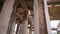 An employee in white uniform and glasses polishing the wooden wall of a cottage made of round logs. Clip. A carpenter