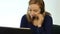 Employee working in a call center. Headset telemarketing woman talking on helpline. slow motion