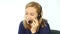 Employee working in a call center. Headset telemarketing woman talking on helpline. slow motion
