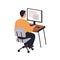 Employee works at computer desk. Office worker sitting in chair, working at desktop at table. Business man at workplace