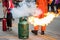 Employees firefighting training,Extinguish a fire at the gas cylinder.