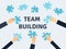 Employees holding and connecting puzzle pieces together. Teamwork and Corporate Culture vector concept in flat style.