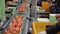 Employees pack tomatoes and put on conveyor belt in packaging shop.