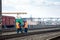 Employees of railway depot inspect repair and maintenance of railway rails in order to detect breakdowns and ensure safety of