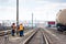 Employees of the railway depot make breaks in the work for recreation, while inspecting repairing railway rails in order to detect