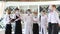 Employees of a restaurant in protective masks after quarantine. Interaction with restaurant manager and his staff on the