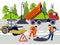 Employees of road works. Equipment and materials for repair. In minimalist style. Flat isometric raster