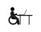 Employment of people with disabilities icon, illustration of a person in a wheelchair working at a computer, stick figure