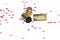 Empty 9mm bullet shells over white background with red hexagon small objects
