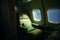 Empty airplane leather seat and windows of first class aircraft, illuminating the cabin with soft overhead lights. Generative AI