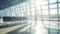 Empty airport space, no people, with morning sun light, AI generated