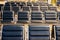 Empty airport terminal waiting area with chairs at night, travel concept