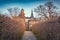 Empty alley in Schlospark. Splendid spring view of Lowenburg Castle, Kassel location, German, Europe.