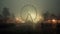 Empty amusement park with a Ferris wheel on a misty night. Mysterious and eerie atmosphere. Generative AI