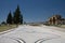 Empty arabesque road in in wonderful ancient ruins site in hierapolis in blue sky with copy space, pamukkale, turkey