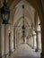 Empty arcades of Sukiennice on empty Krakow`s Main Market Square during covid-19 coronavirus pandemic