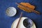 Empty Asian dishware, bowl, pate and chopsticks on the blue background