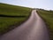 Empty asphalt curvy road in sunshine reaching horizon with meadows and forest in background