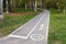 Empty asphalted bike path with an icon and arrow in a public city park turns into a forest