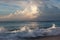 Empty background with seaview, clouds in sunset, big tide waves and seashore