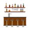 Empty bar counter interior with beer pump faucet. On the wall is a shelf with glasses and liquid alcoholic drinks. Rum, wine,