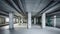 Empty basement of modern building with concrete columns with plumbing system. Generative AI