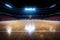 Empty basketball court floor against the backdrop of an empty stadium