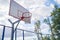 Empty basketballs hoop in city against blue sky.