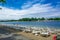 Empty beach on Ada Ciganlija lake in Belgrade,Serbia during corona time