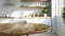 empty beautiful round wood tabletop counter on interior in clean and bright kitchen. Ai Generative