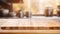 Empty beautiful wood table top counter and blur bokeh modern kitchen interior background in clean and bright,Banner