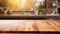 Empty beautiful wood table top counter and blur bokeh modern kitchen interior background in clean and bright,Banner