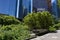 Empty Bench at Dutch Kills Green Park with Plants and Modern Skyscrapers in the Background in Long Island City Queens New York