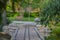 Empty bench and kids train track in Largo Central Park in Largo, Florida, USA