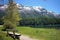 Empty bench at the lake of Saint Moritz in Switzerland 27.5.2020