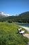 Empty bench at the lake of Saint Moritz in Switzerland 27.5.2020