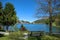 Empty bench at the lake of Saint Moritz in Switzerland 27.5.2020