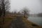 Empty bench at park near pond by foggy day, minimalistic cold season scene. bench at the lake in the fog in the forest. Bench near