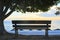 Empty Bench with a tree on the background of the sea at sunrise