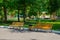 Empty benches in an amusement park