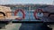 Empty benches on board pleasure ferry. passenger boat floats in bay or strait across sea. Lifebuoys of white and red